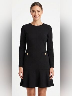 Ann Taylor Black Long-Sleeve Fit & Flare Dress w Gold Buttons Size 10P